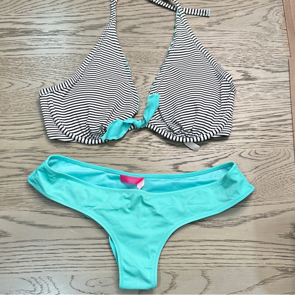 Victoria's Secret Black and Aqua Striped Bikini